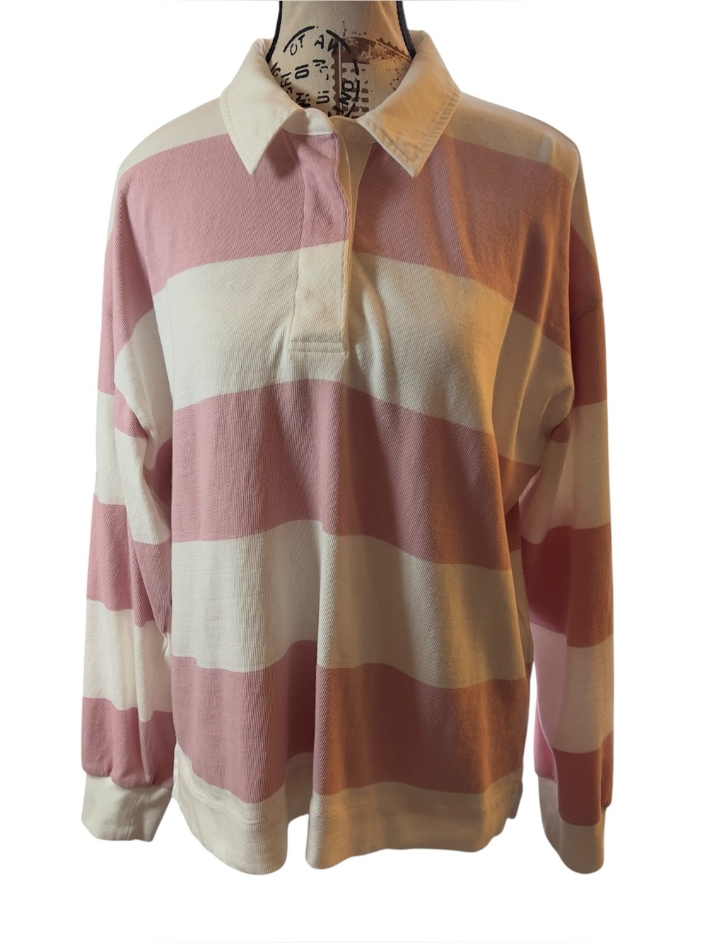41 Hawthorn Womens Large Pink Ivory Striped Rugby Polo Shirt preppy Cotton
